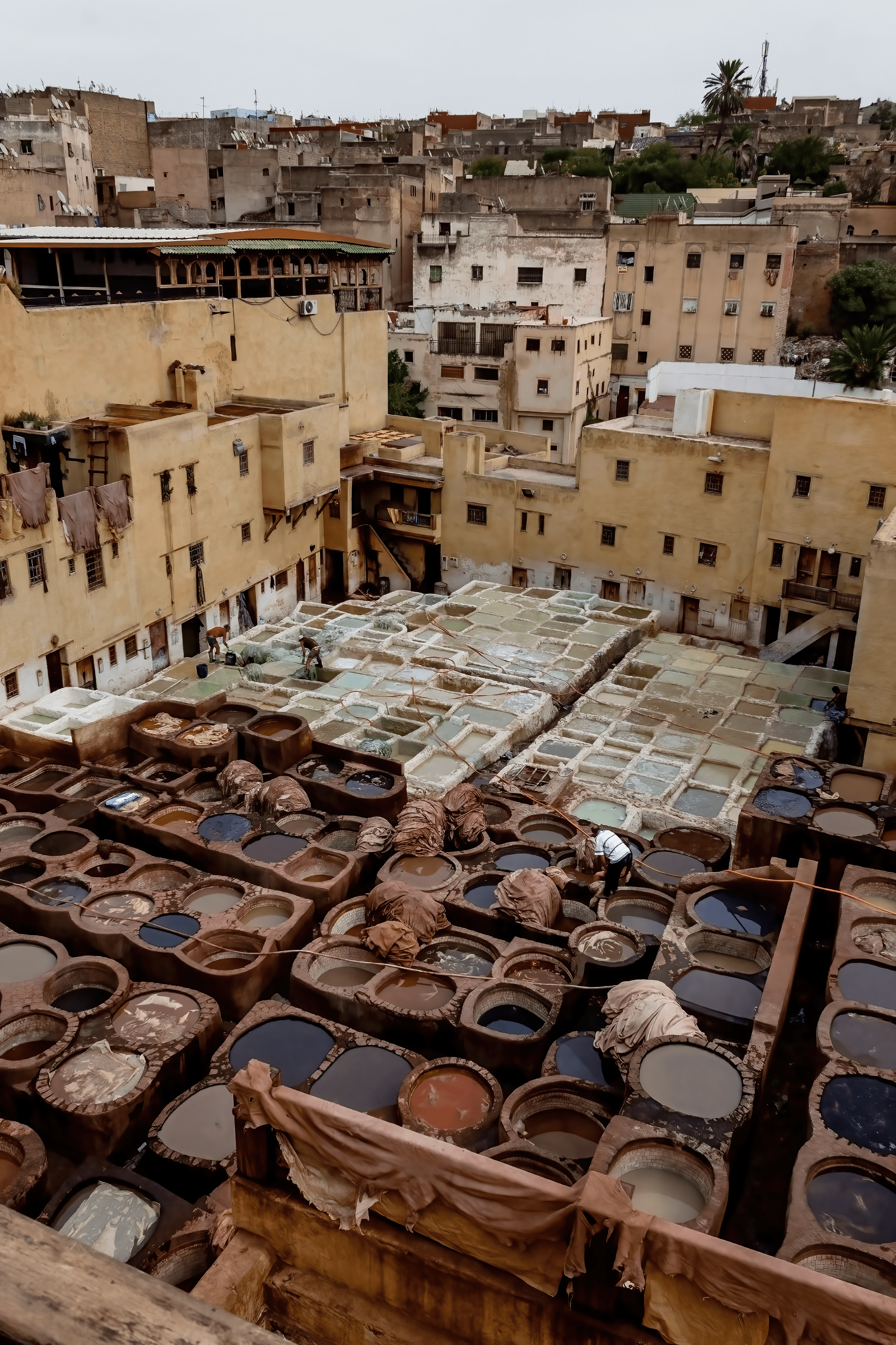 A view of a Moroccan tannery from a high viewpoint. There are around one hundred colors of dye pits and workers putting leather in the dye